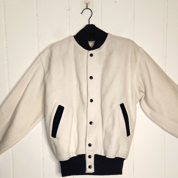 Men's 1960's College White and Black Felco Fleece Vintage Varsity Jacket.